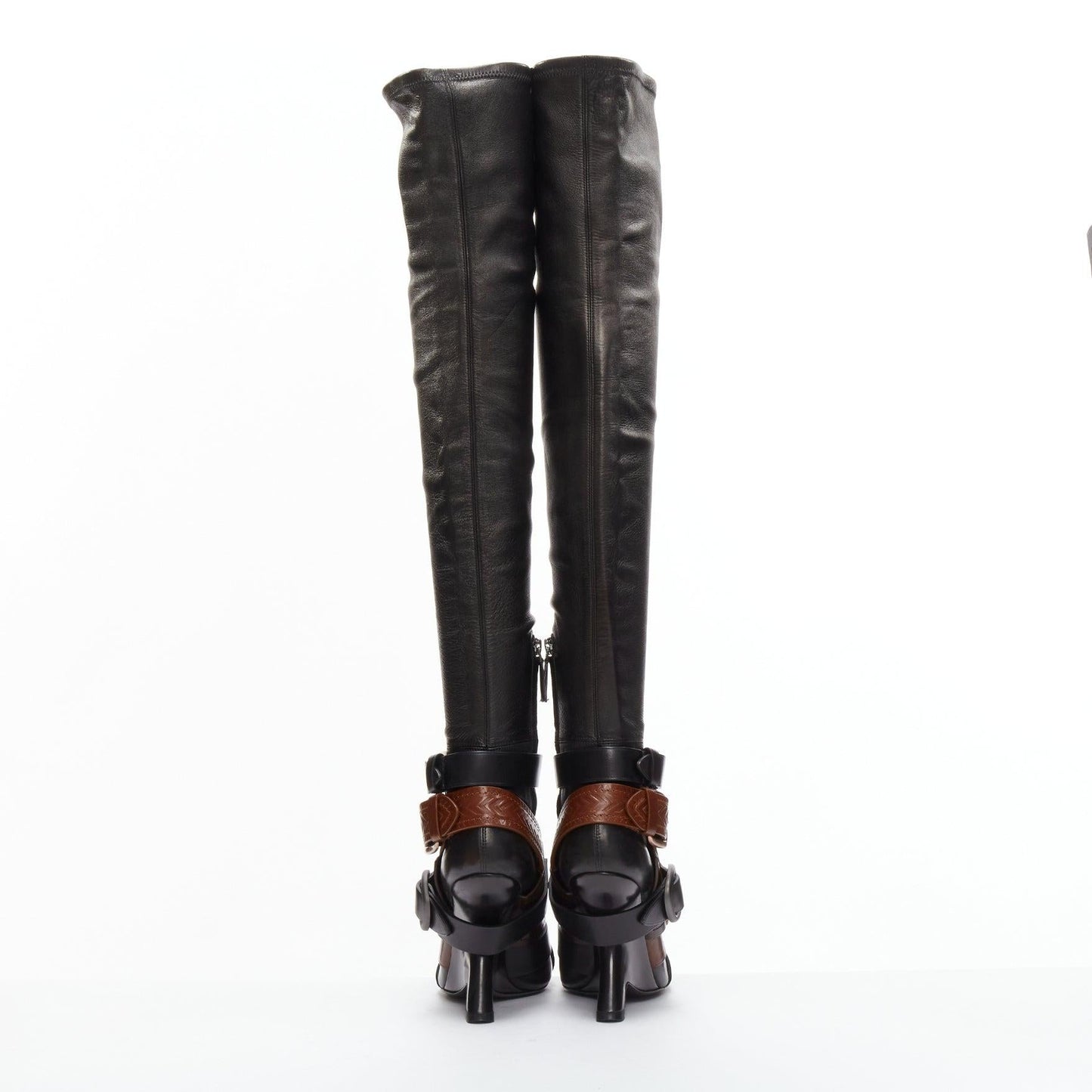 Runway brown belt buckle thigh high boots