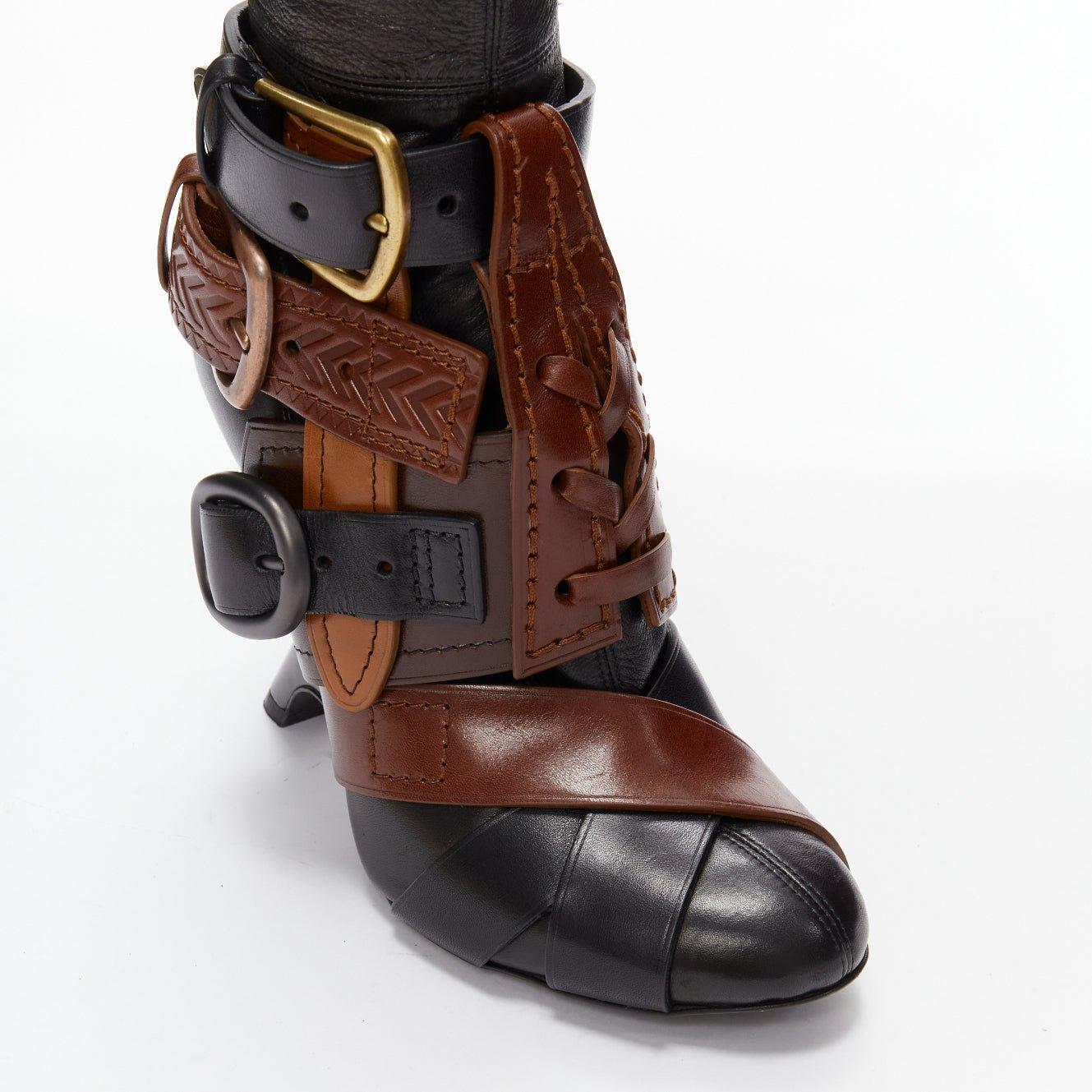 Runway brown belt buckle thigh high boots