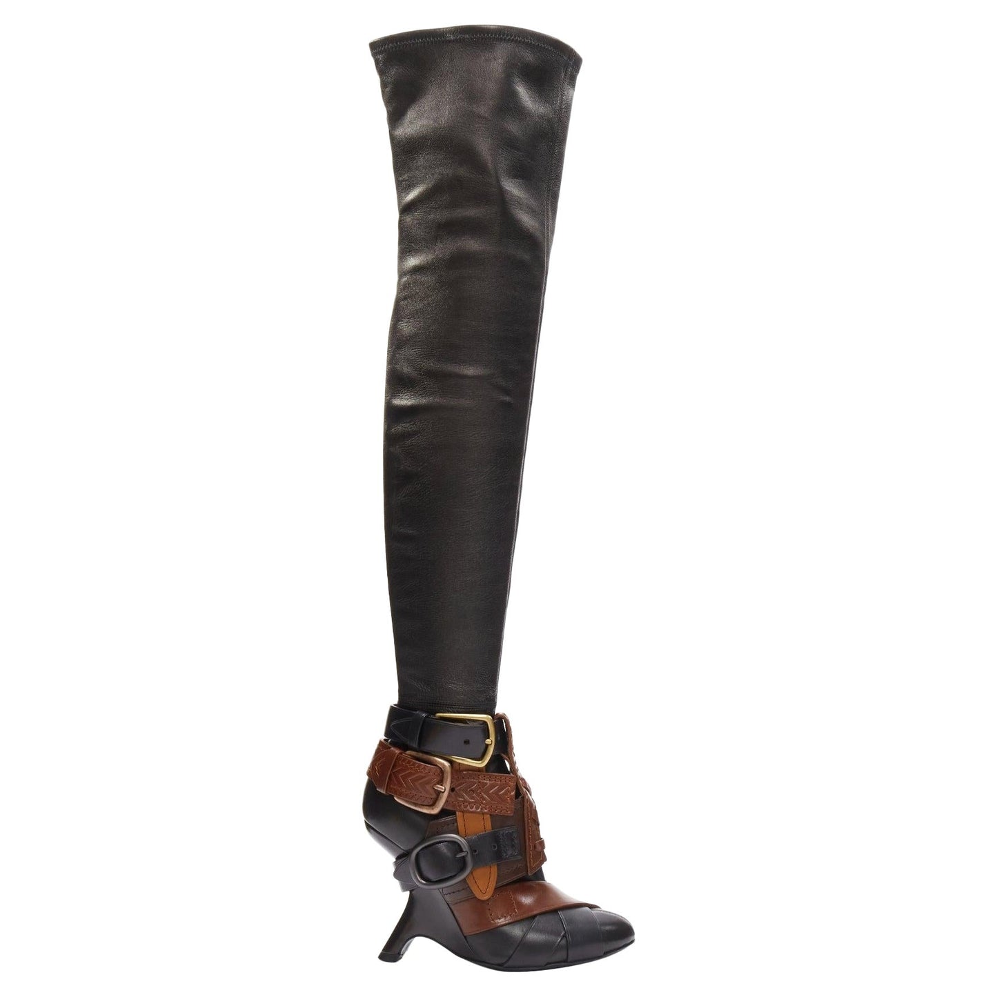 Runway brown belt buckle thigh high boots