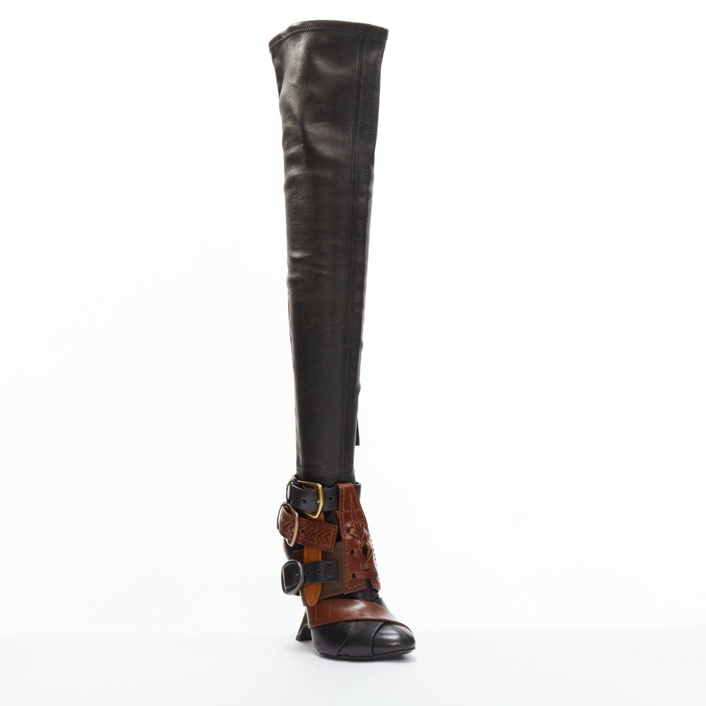 Runway brown belt buckle thigh high boots