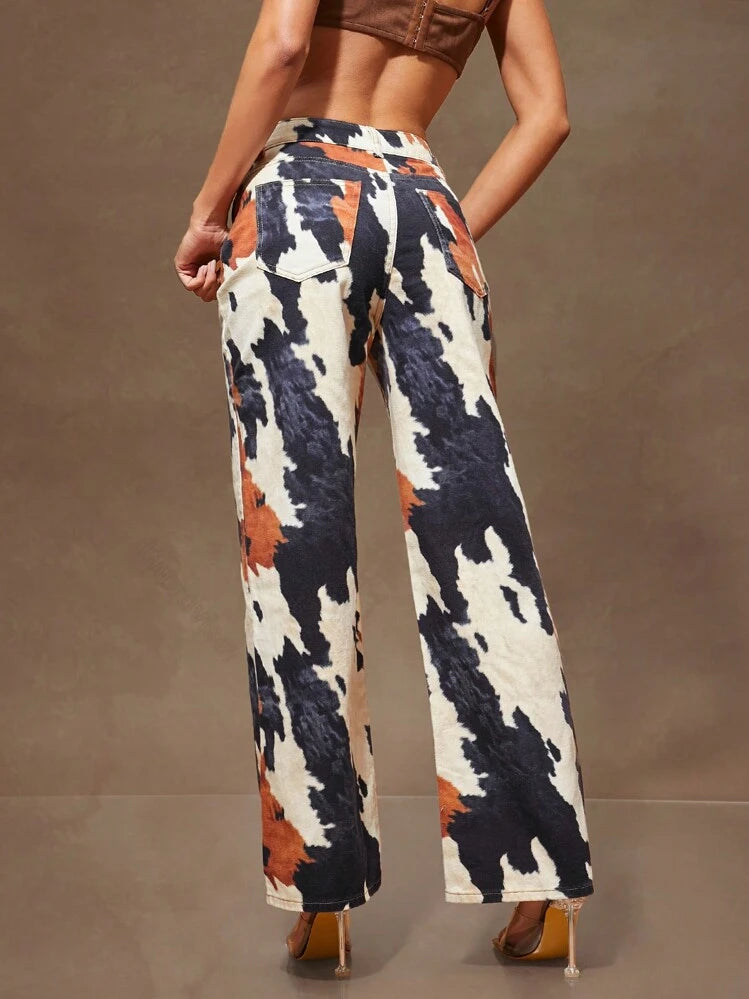 Low Rise Y2k Baggy Leopard Printed Dual Pocket Straight Leg Loose Denim Jeans