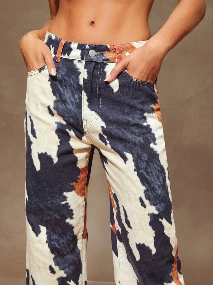 Low Rise Y2k Baggy Leopard Printed Dual Pocket Straight Leg Loose Denim Jeans