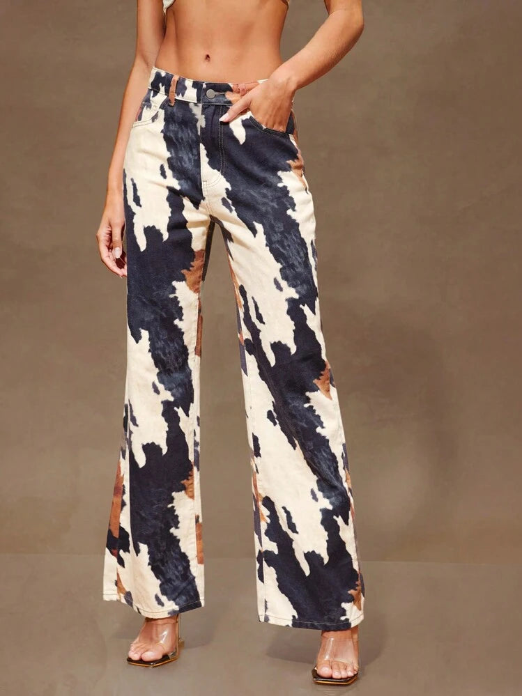 Low Rise Y2k Baggy Leopard Printed Dual Pocket Straight Leg Loose Denim Jeans