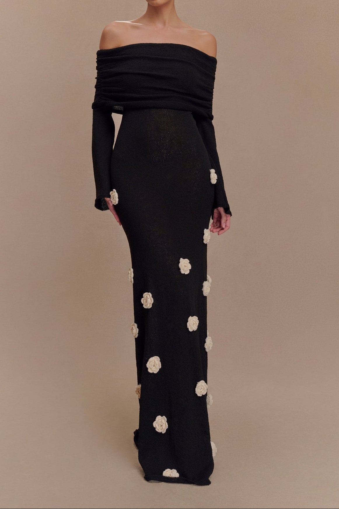 Off Shoulder Knit Rose Maxi Dress