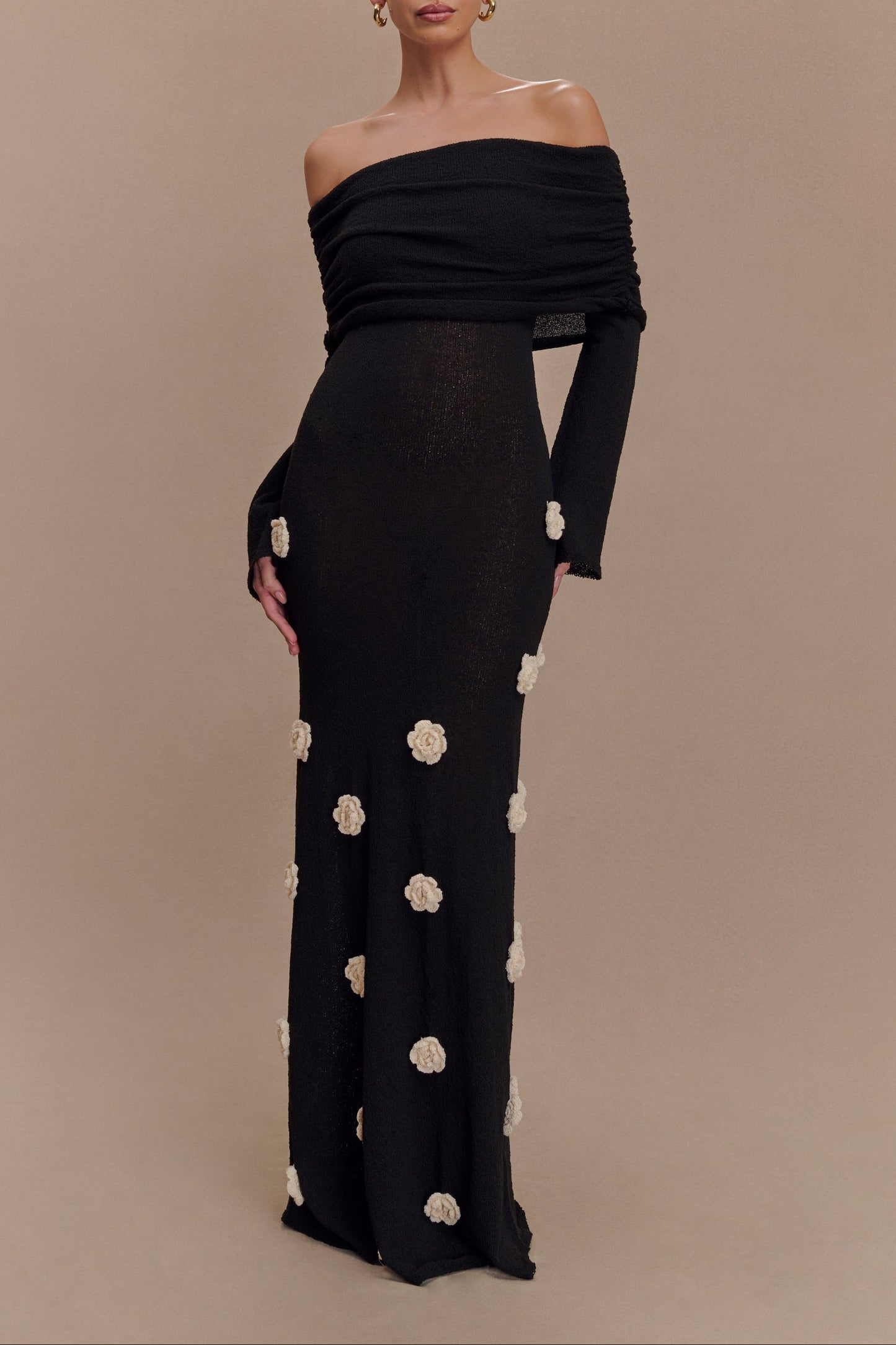 Off Shoulder Knit Rose Maxi Dress