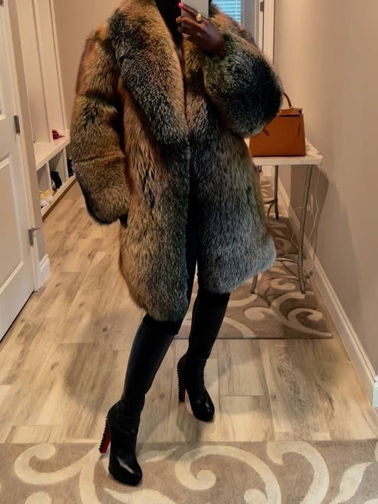 Eco-friendly Fox Fur Mid-length Coat