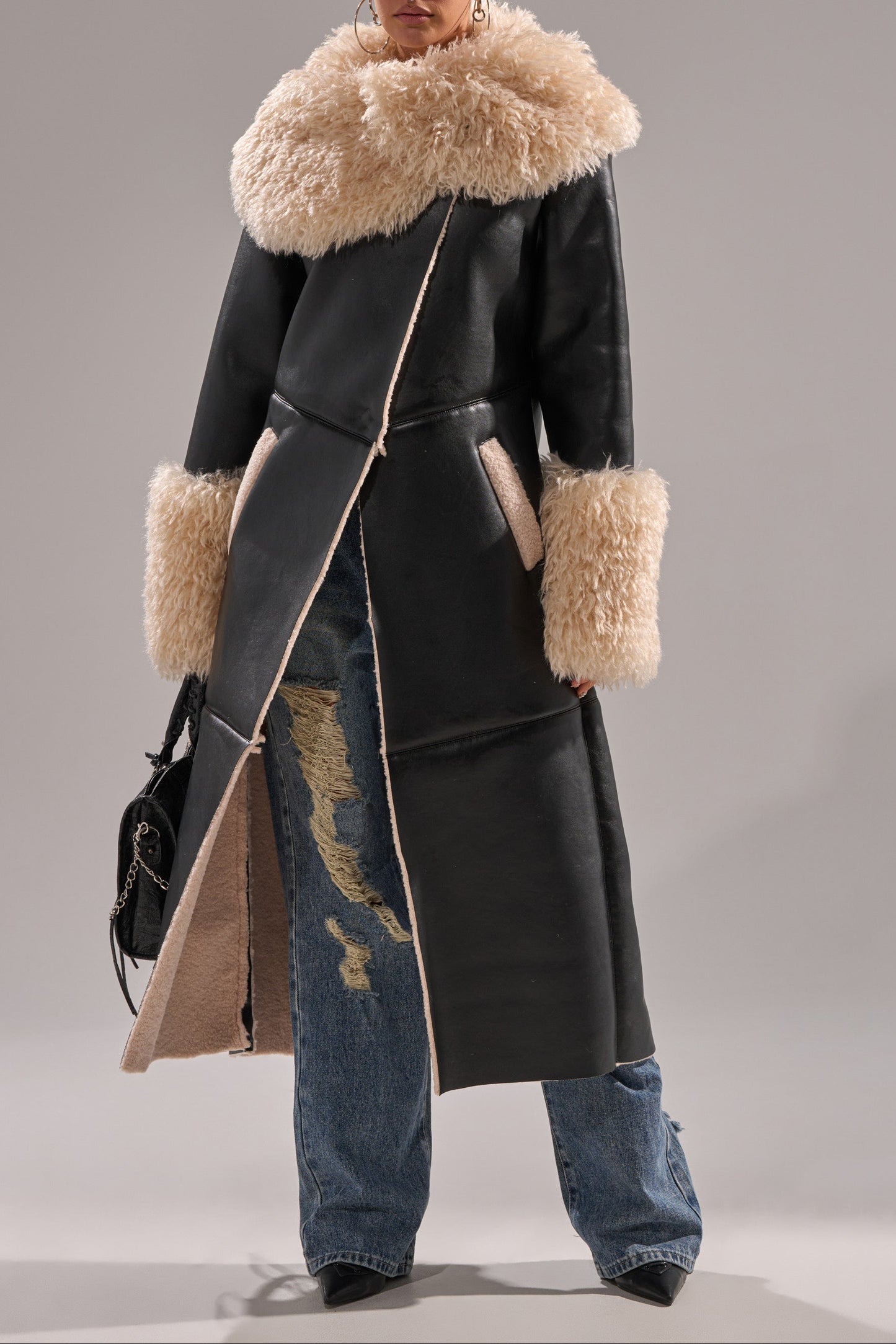 Fluffy Oversized Neck Faux Fur Trim Snap Front Faux Leather Trench Jacket