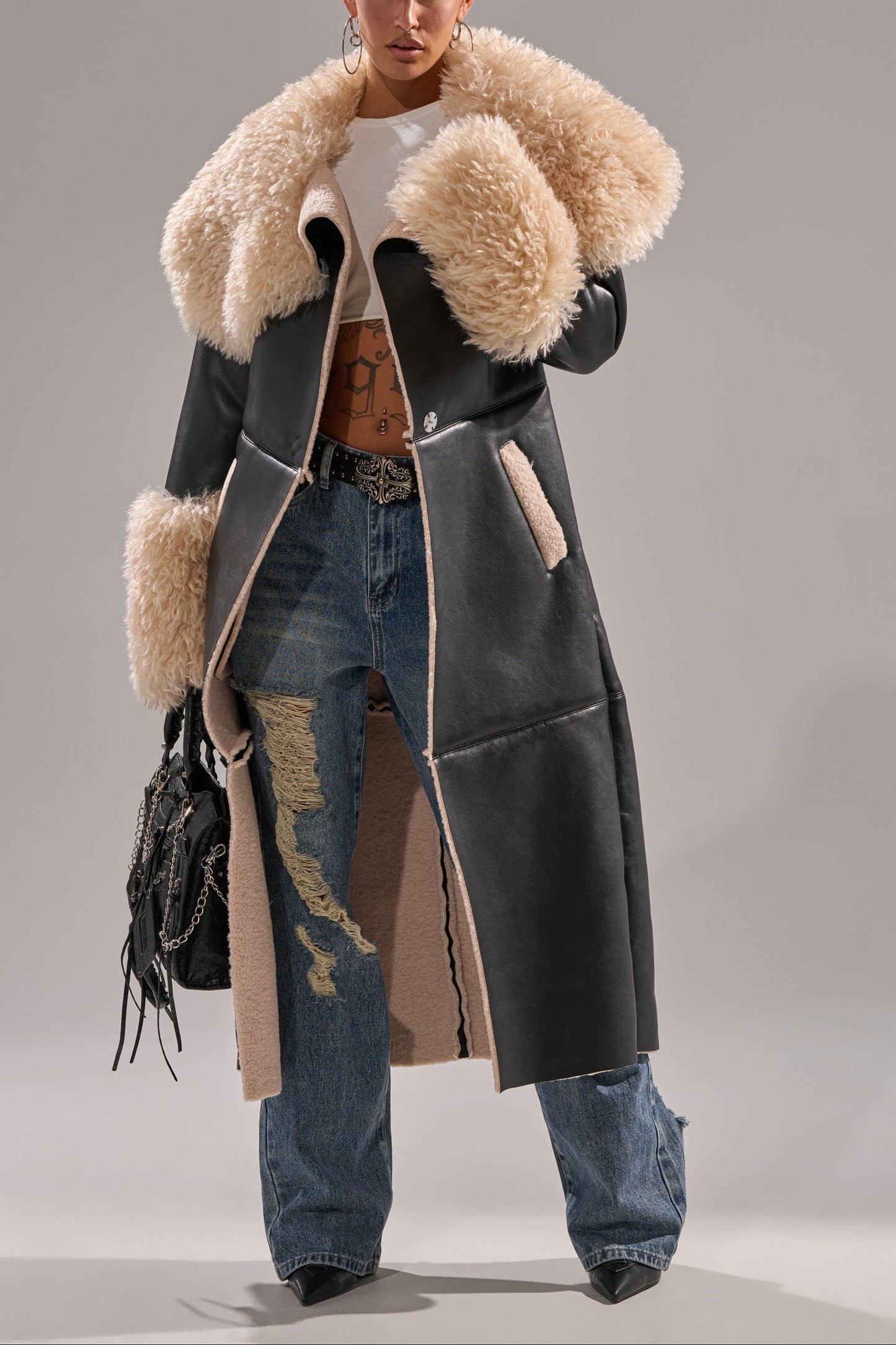 Fluffy Oversized Neck Faux Fur Trim Snap Front Faux Leather Trench Jacket