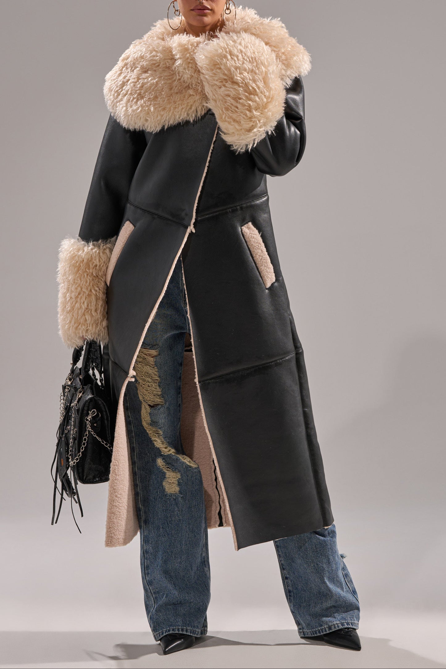 Fluffy Oversized Neck Faux Fur Trim Snap Front Faux Leather Trench Jacket