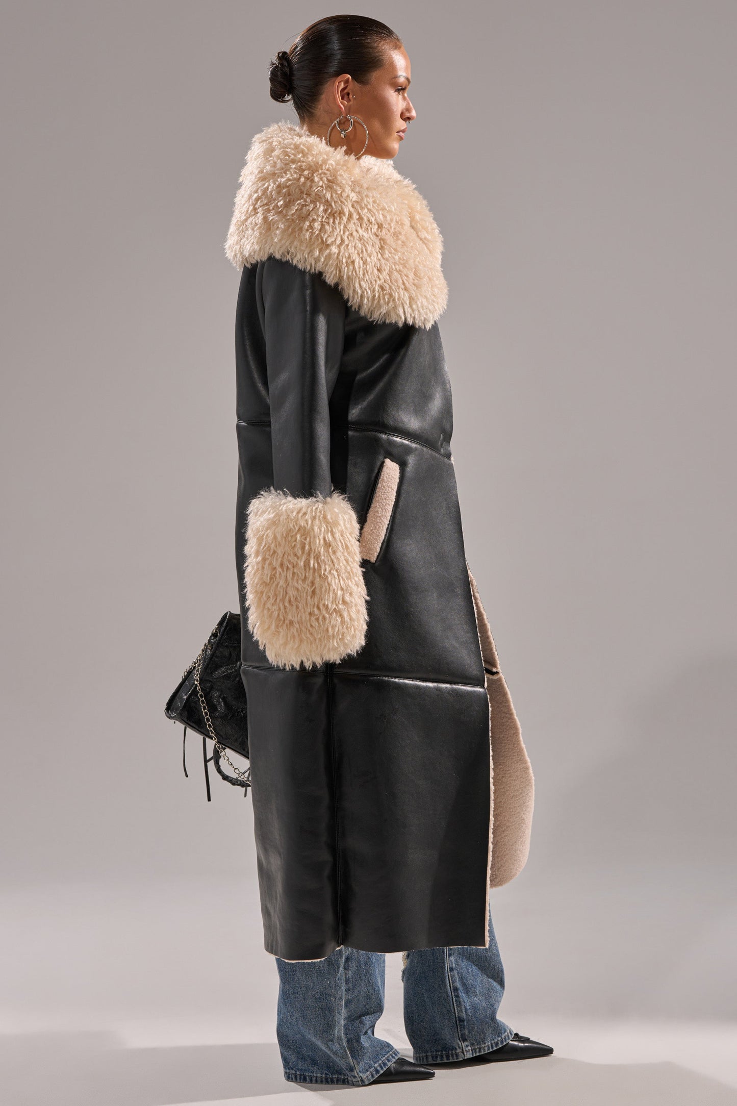Fluffy Oversized Neck Faux Fur Trim Snap Front Faux Leather Trench Jacket