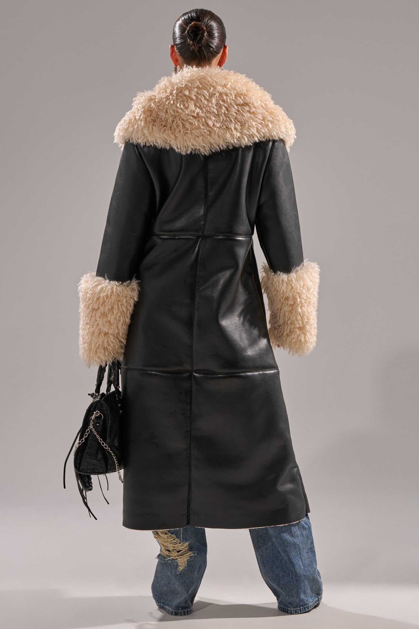 Fluffy Oversized Neck Faux Fur Trim Snap Front Faux Leather Trench Jacket