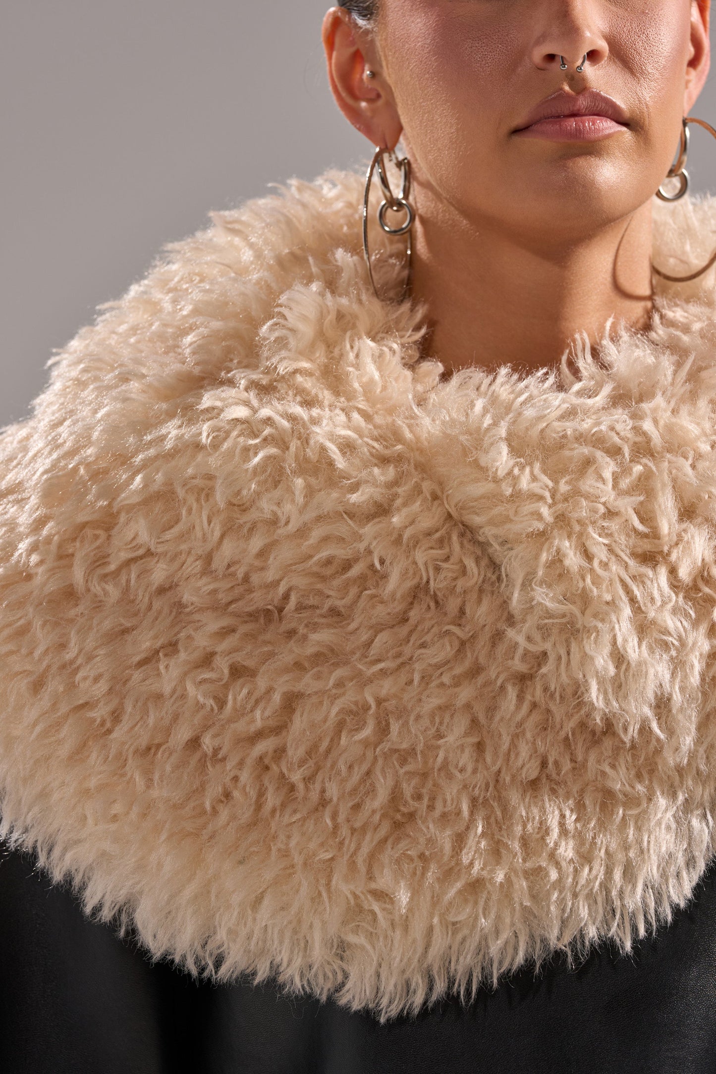 Fluffy Oversized Neck Faux Fur Trim Snap Front Faux Leather Trench Jacket