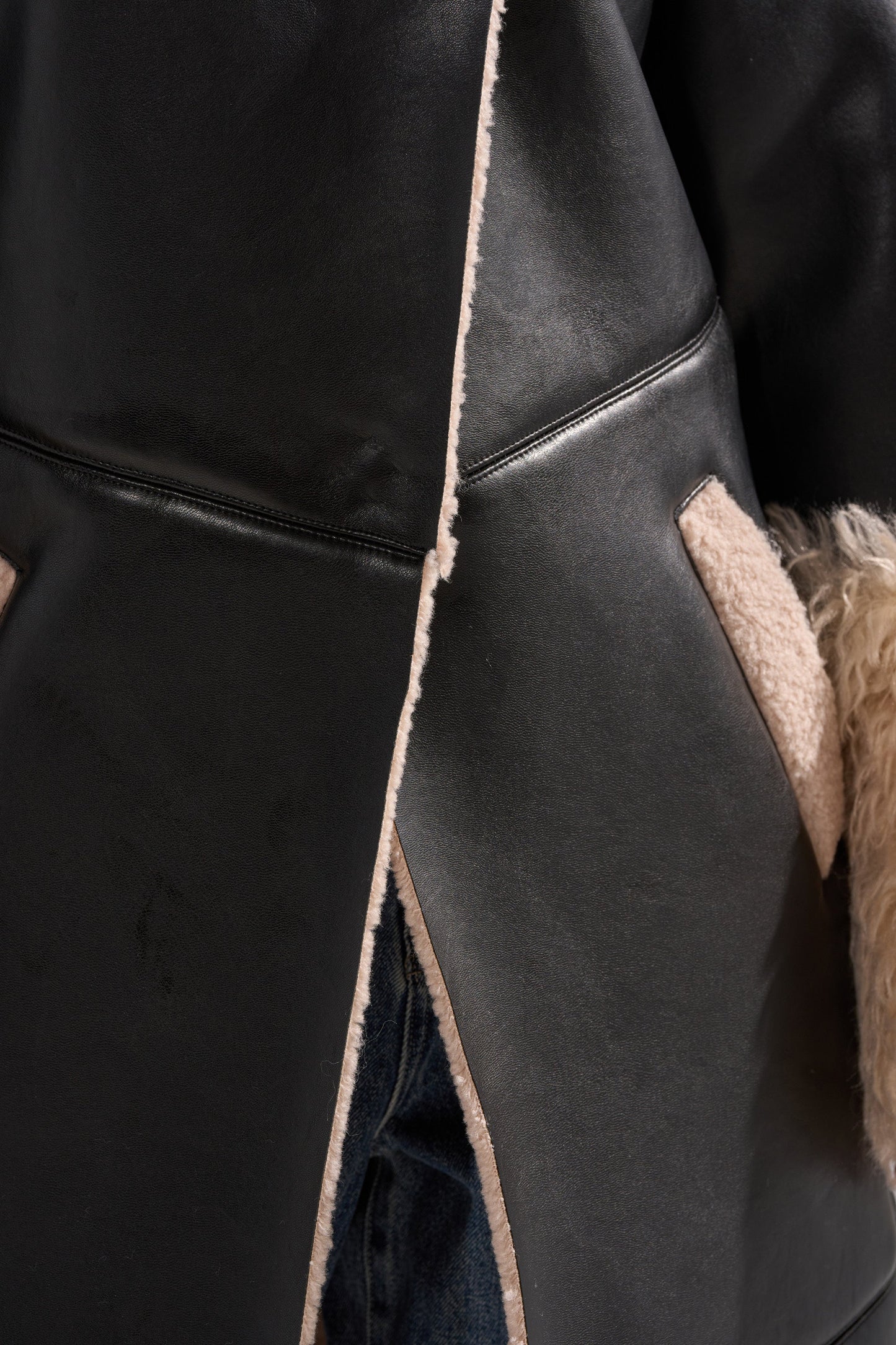 Fluffy Oversized Neck Faux Fur Trim Snap Front Faux Leather Trench Jacket