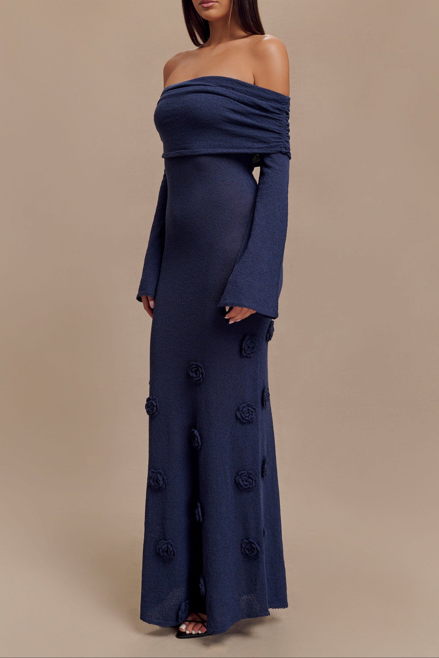 Off Shoulder Knit Rose Maxi Dress