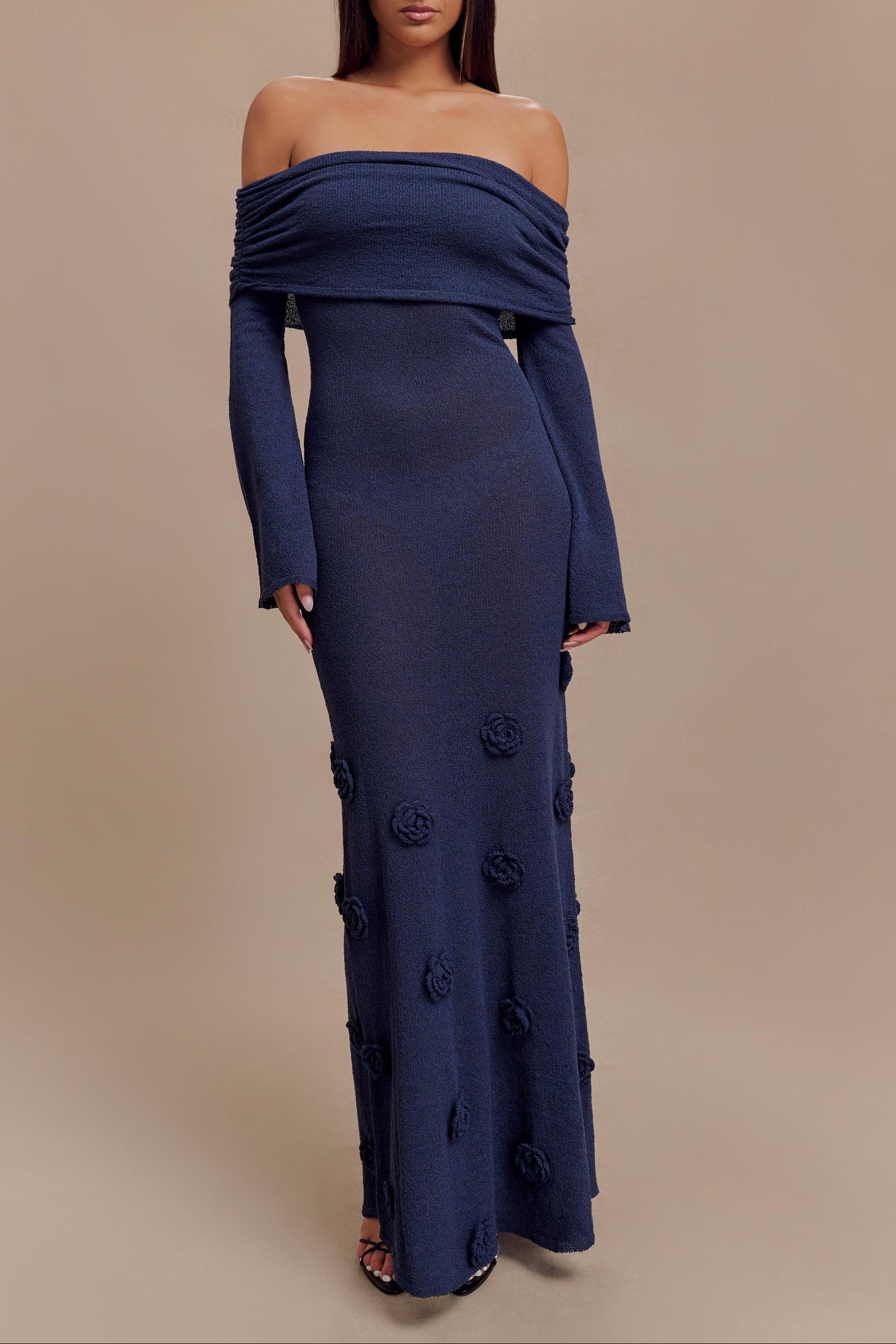 Off Shoulder Knit Rose Maxi Dress