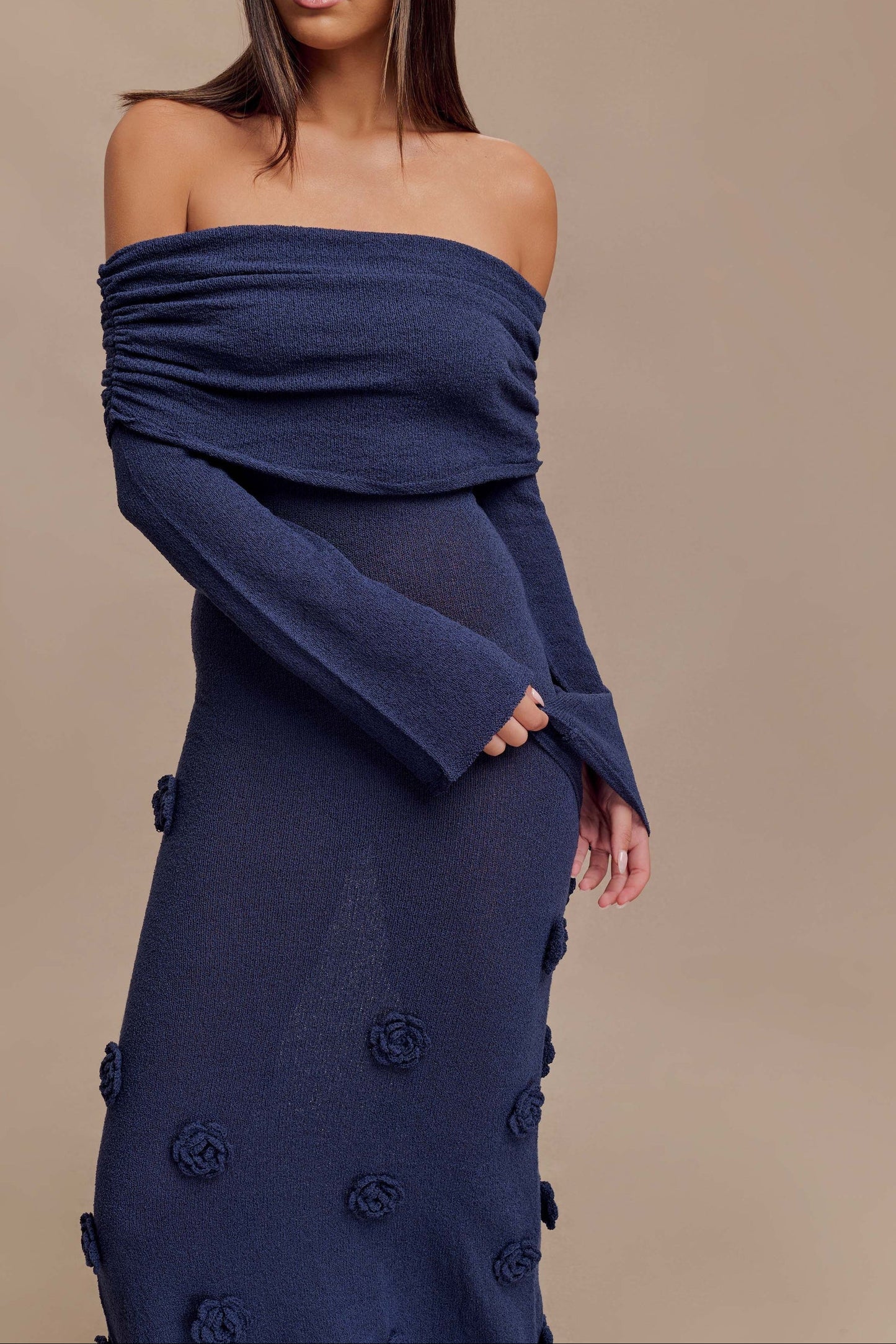 Off Shoulder Knit Rose Maxi Dress