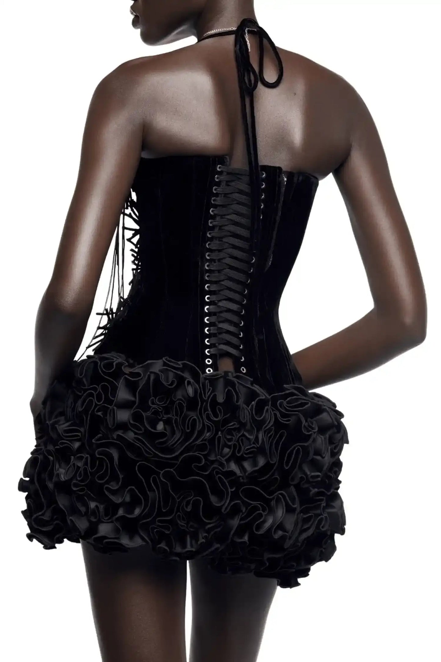 Two Piece Black Velvet Corset And Bubble Floral Skirt