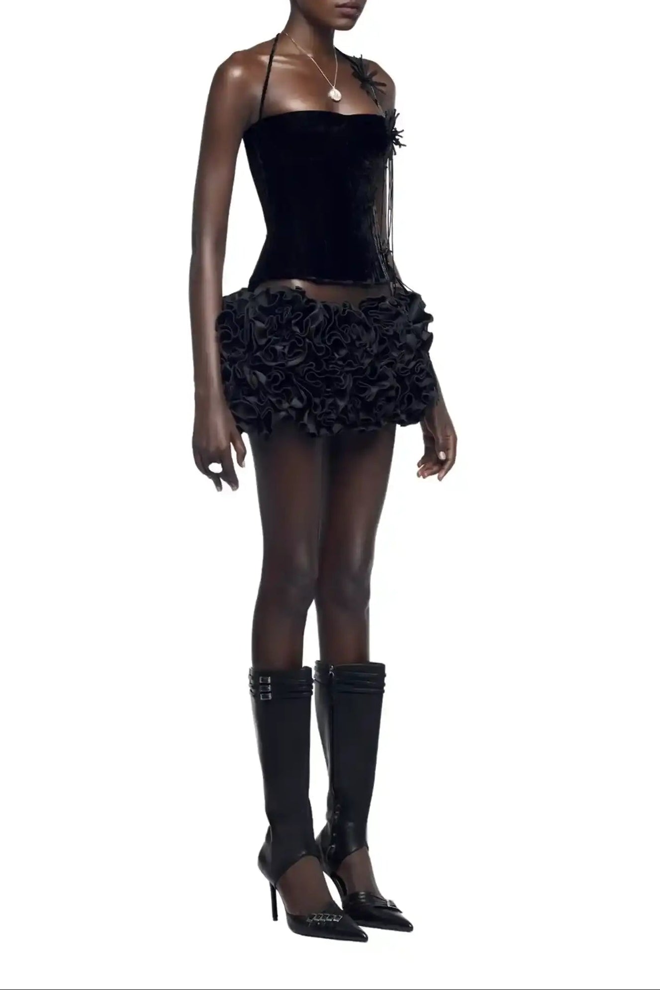 Two Piece Black Velvet Corset And Bubble Floral Skirt