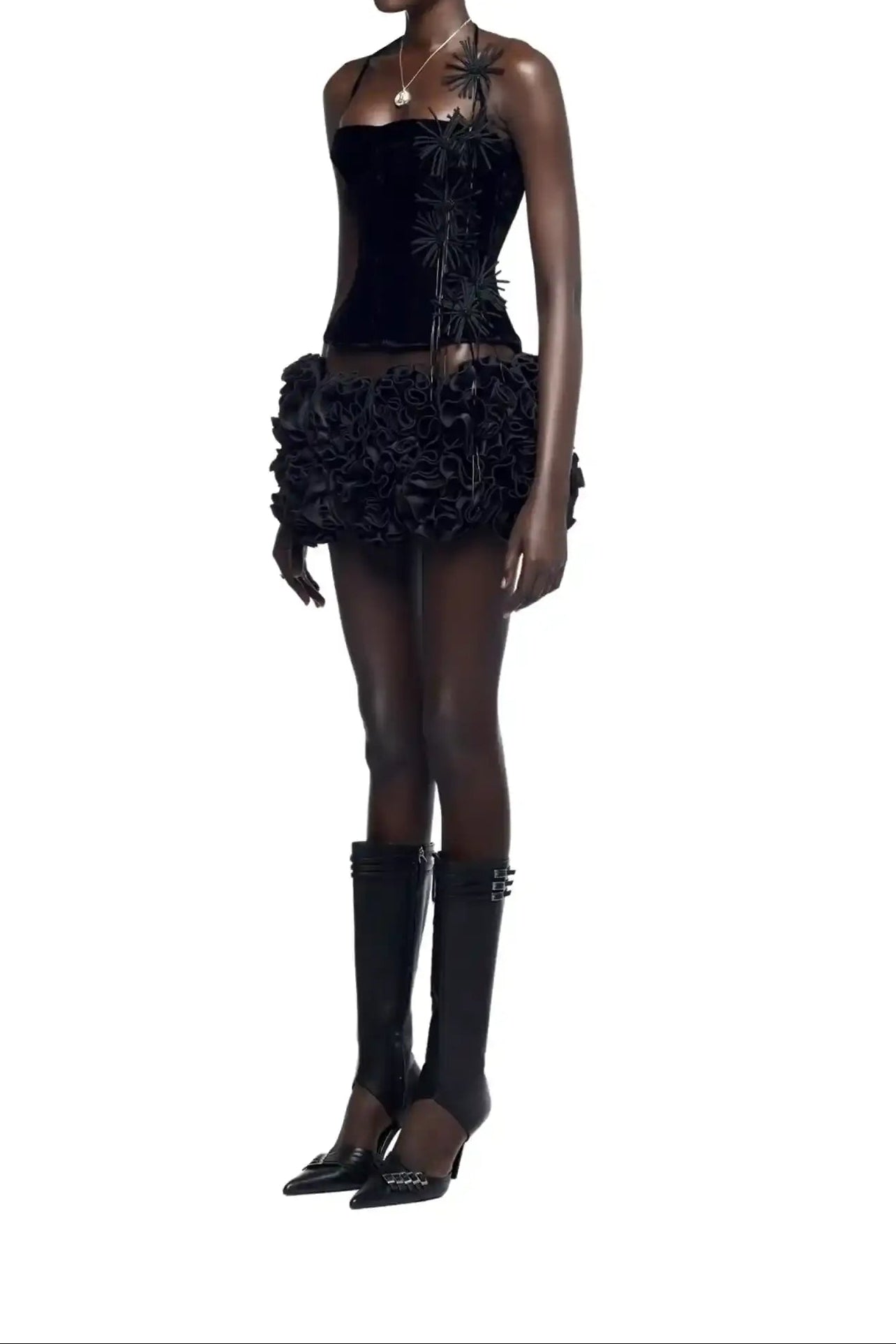 Two Piece Black Velvet Corset And Bubble Floral Skirt