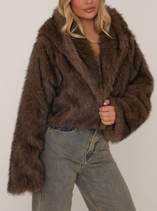 Hooded Cropped Jacket In Chocolate Brown Faux Fur